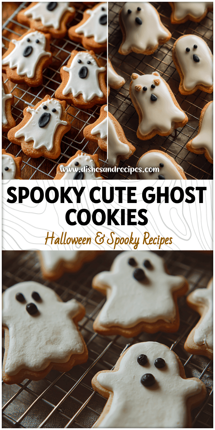 Iced ghost cookies arranged with cute cat-themed Halloween decorations on a baking rack.